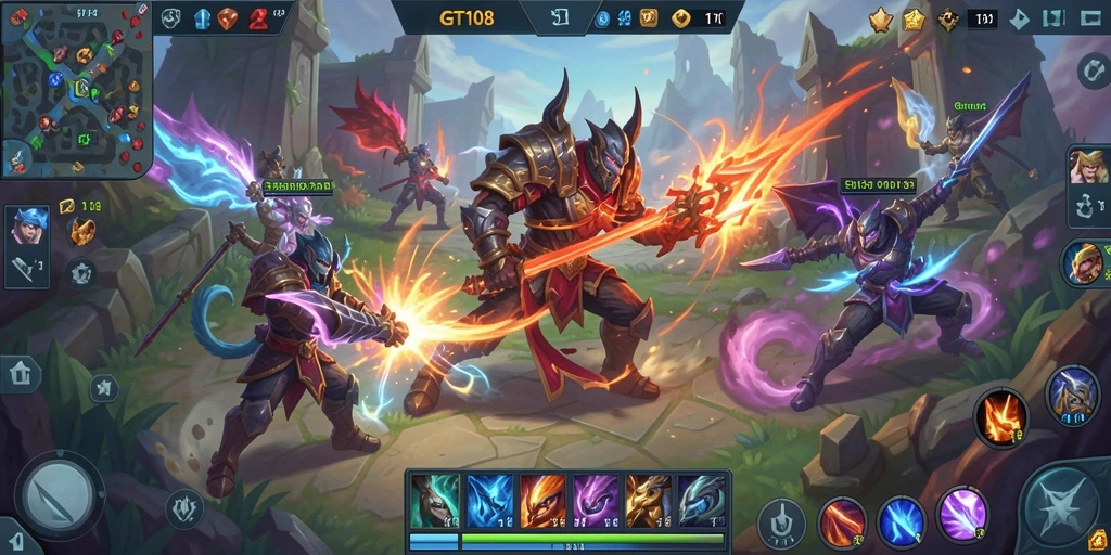 Gameplay seru GT108 dengan pertarungan MOBA yang intens.