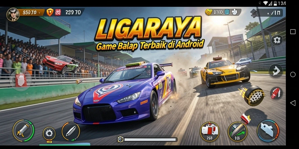 Gameplay mendebarkan dalam LIGARAYA dengan mobil balap yang cepat.