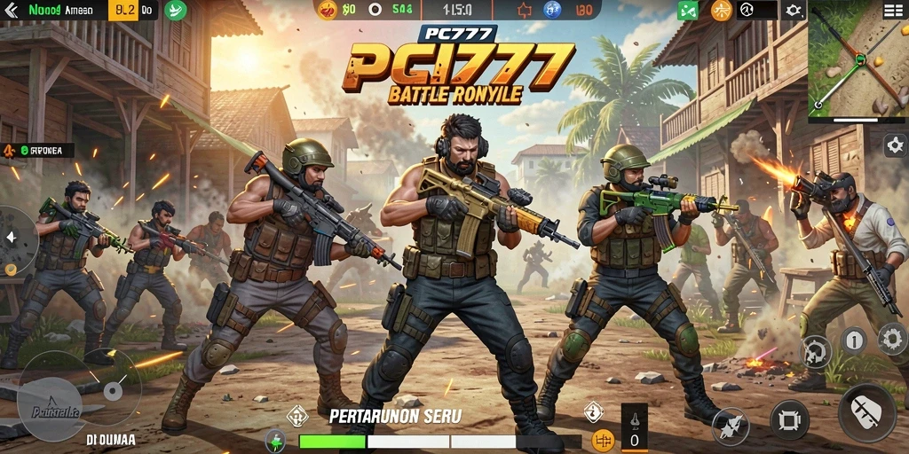 Screenshot gameplay menampilkan pertarungan mendebarkan dalam PC777 Battle Royale.